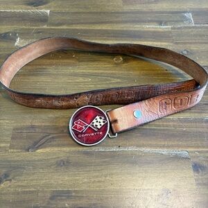 Vintage Corvette Logo Buckle Leather Belt Embossed Cars Edgy Flag